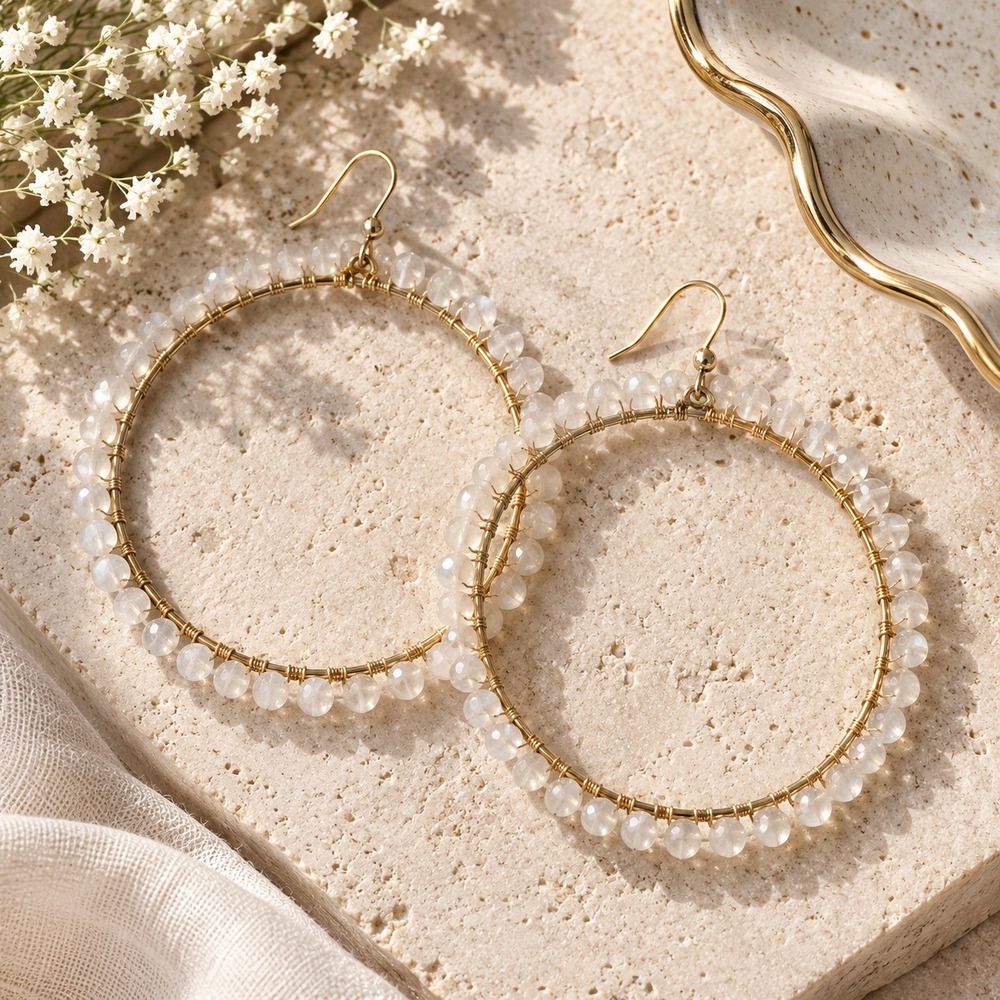 Ettika Gold Wire Wrapped White Bead Oversized Hoop Earrings Boho Statement
